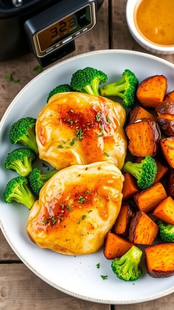 Air fryer meal with chicken, broccoli, and sweet potatoes on a rustic table.